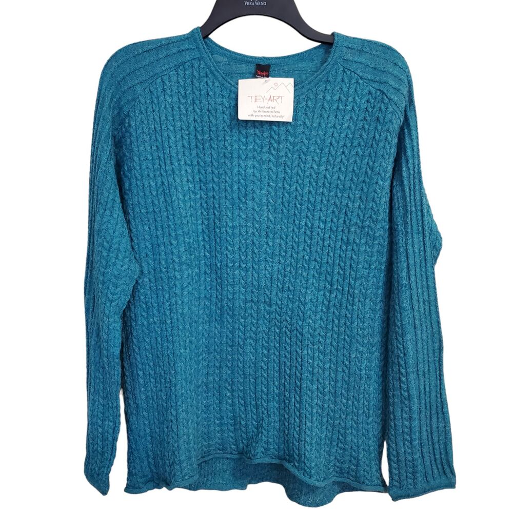 New‎ Tey-Art ALPACA Cable Knit Turquoise Blue Crew Neck Sweater Tabask Sz M #20